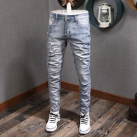 korean style fashion men jeans retro light blue slim fit destroyed ripped jeans men streetwear designer hip hop denim punk pants