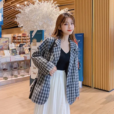 

Autumn Female Korean Retro Business Chic Suit Coat Plaid Office Lady Blazer Feminino Women Jacket Suit Grey Casual Clothes