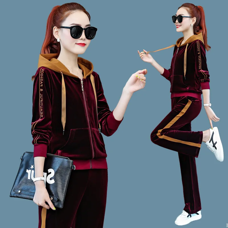 Женский спортивный костюм бархатный свободный на молнии куртка с капюшоном и