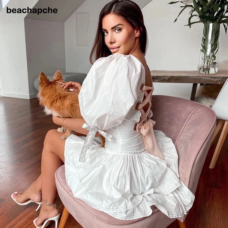 

Женское многослойное платье пляжное, с пышными рукавами, на шнуровке