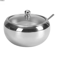 large 300ml sugar bowl stainless steel sugar bowl with glass lid and spoon seasoning spice bowl container