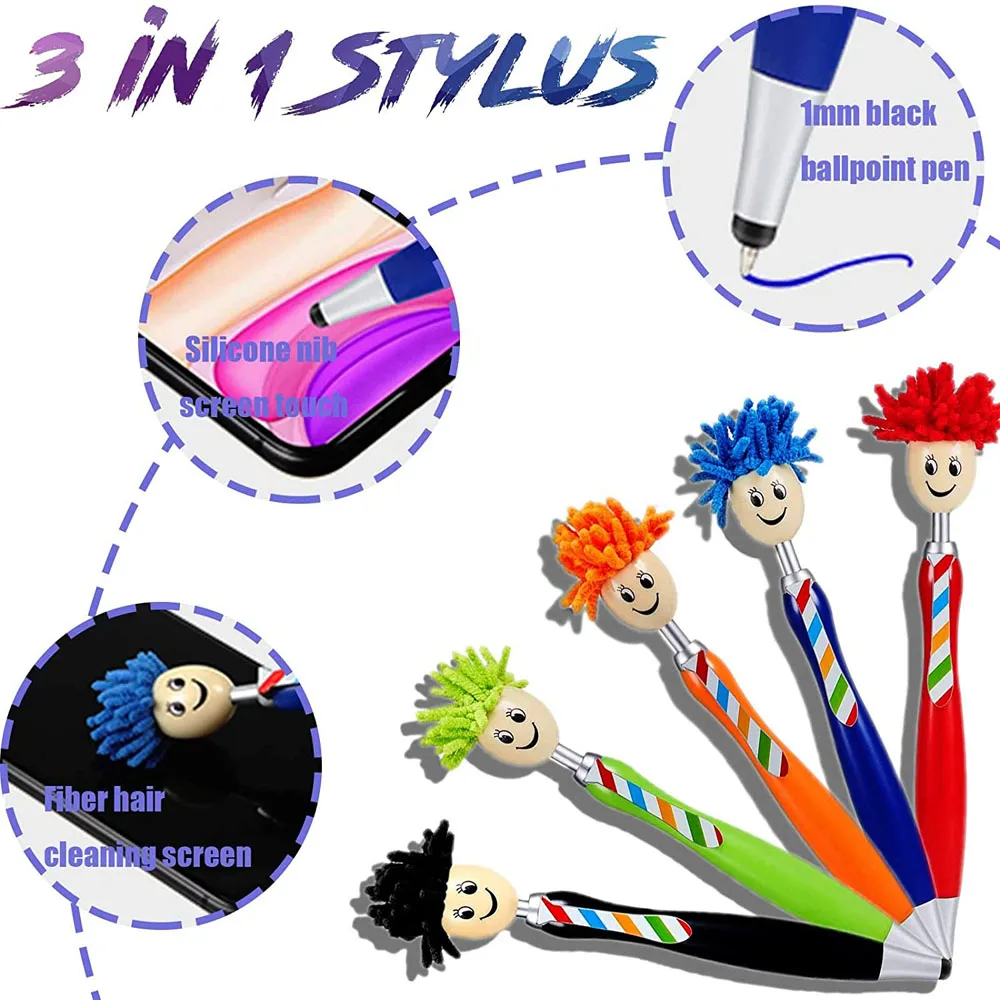 

Cute Mop Head Ballpoint Stylus Pen Screen Cleaner 3-in-1 Duster School Gift For Kids Adult Office Stationery