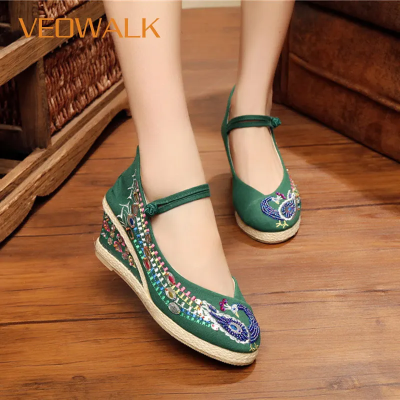 Женские парусиновые туфли Veowalk повседневные на танкетке с вышивкой павлина Туфли