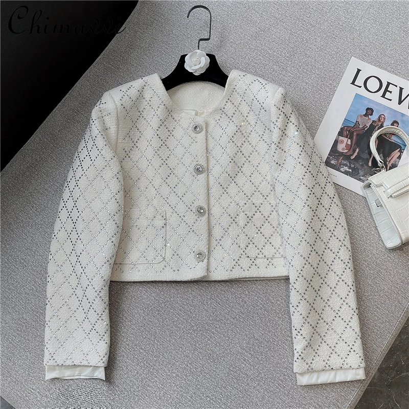 

2021 Autumn Winter Women's Clothing New Fashion Vintage Heavy Rhinestone Glitter Short Coat Slim Fit Long Sleeve Jacket Tops