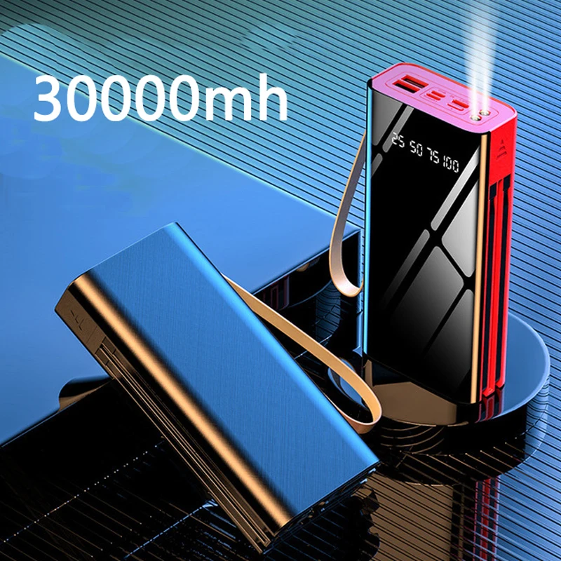 

30000mAh Power Bank Built in Cable Powerbank Portable Charger External Battery Charger For iPhone 12 Xiaomi Poverbank with Light