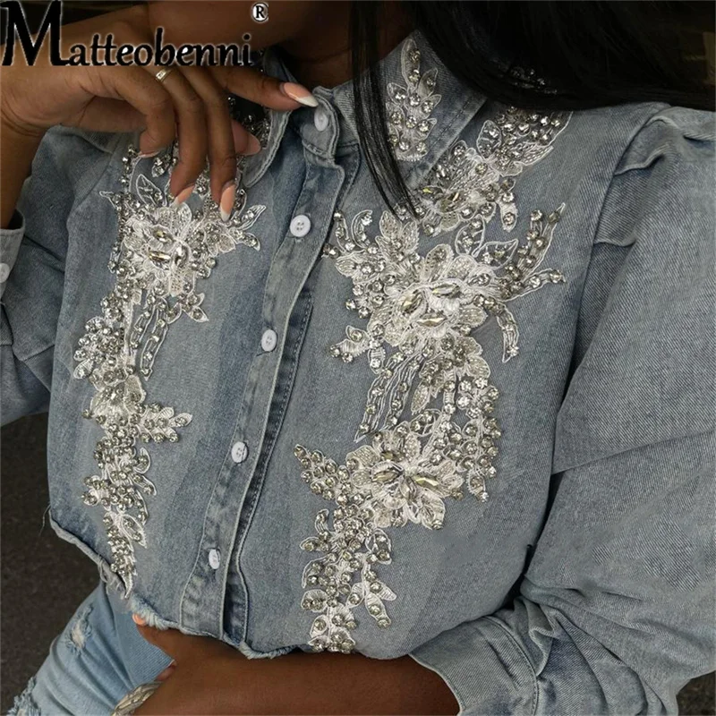 

Autumn Women's Street Jean Jackets Embroidered Pearl Casual Short Denim Jacket 2021 Ladies Coat Long Sleeve Plus Size Outerwear