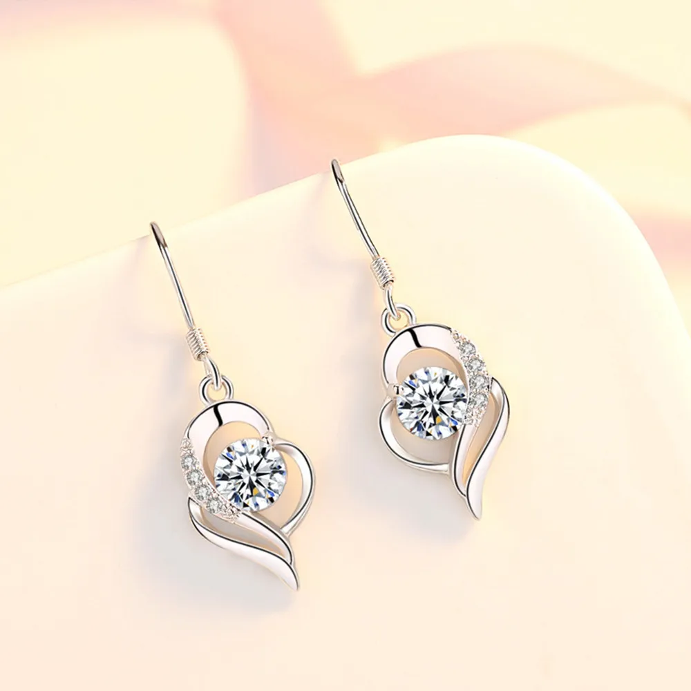 

925 sterling silver new women's fashion jewelry blue pink zircon crystal heart-shaped long tassel hollow hook earrings