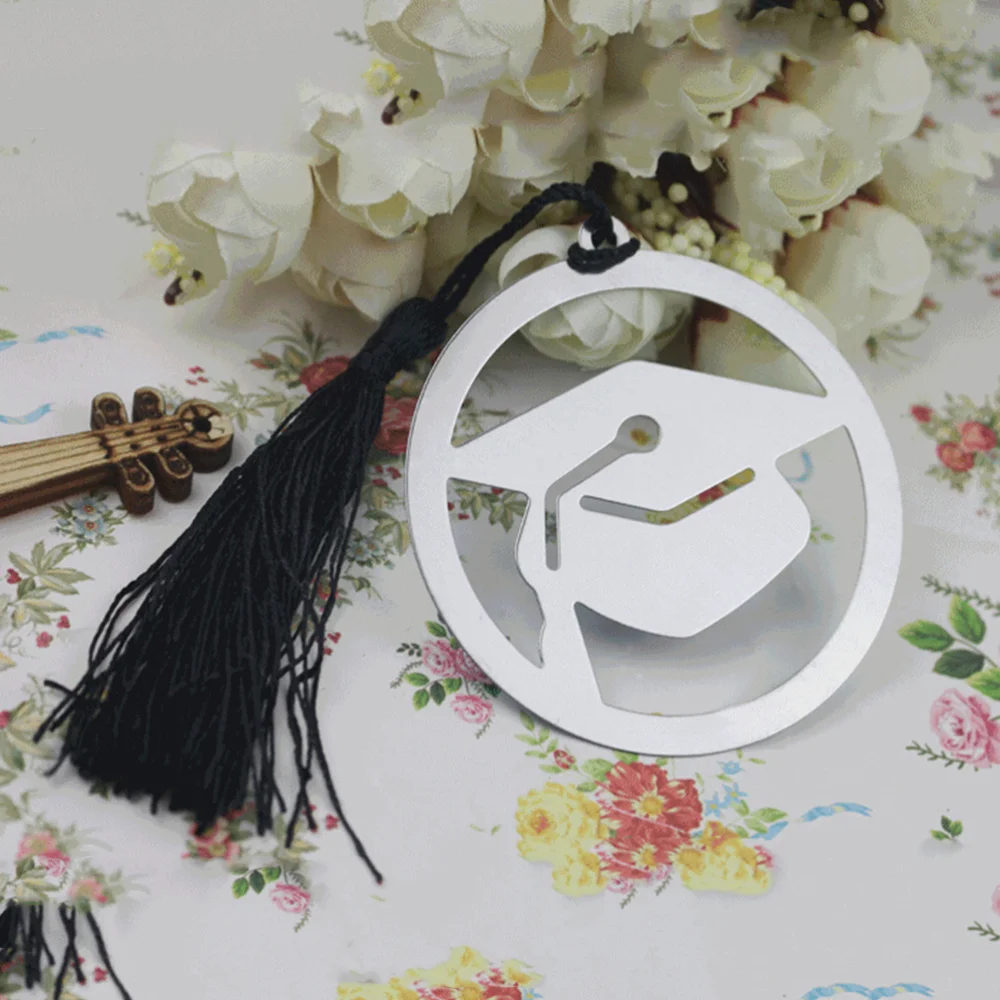 

6Pcs Stainless Steel Page Marker Doctoral Cap Shaped with Black Tassel Graduation Gifts (Silver)