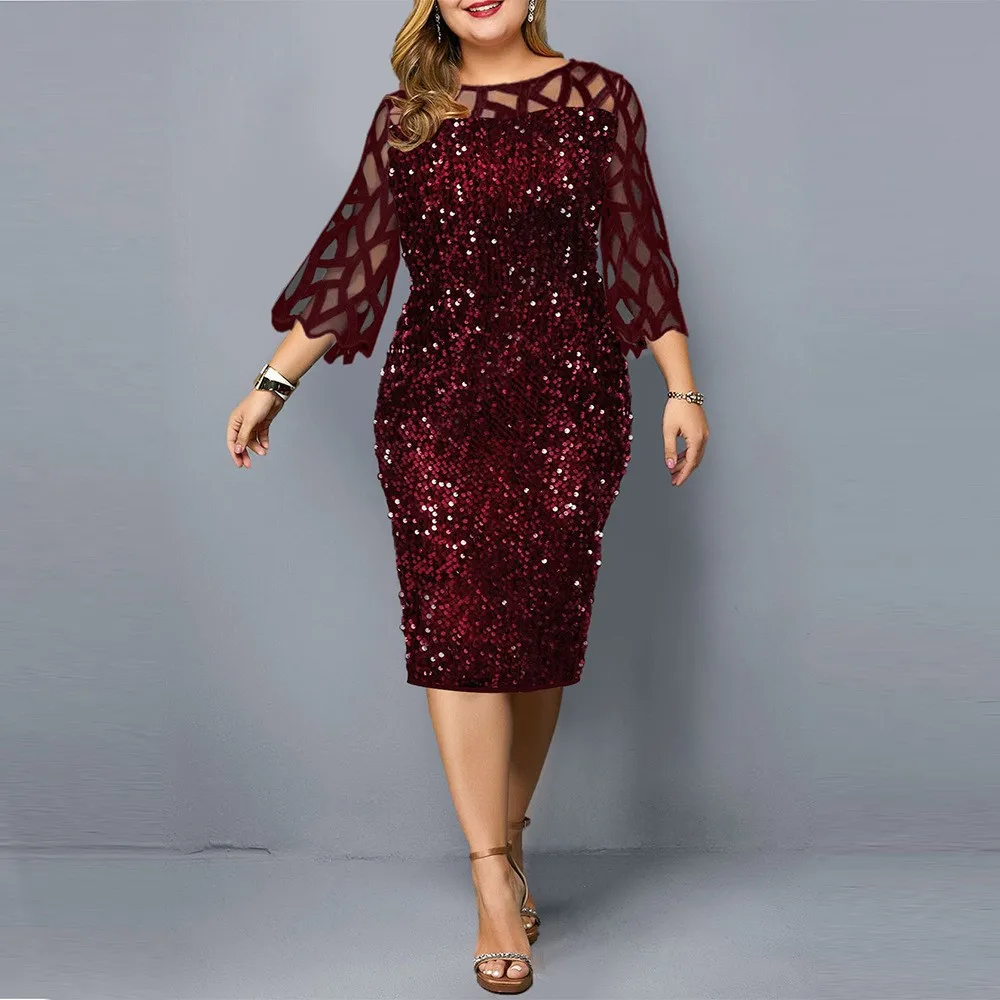 

Plus Size Ladies Midi Party Dress Sequin Mesh Long Sleeve Lace Elegant Bodycon XL-4XL 5XL Evening Dresses Women Summer 2021 New