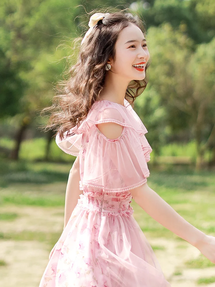

TIYIHAILEY Free Shipping Fashion Women Chiffon Gauze Patchwork Long Mid-calf V-neck Ruffles Sleeve Summer Boshow Bohemian Dress