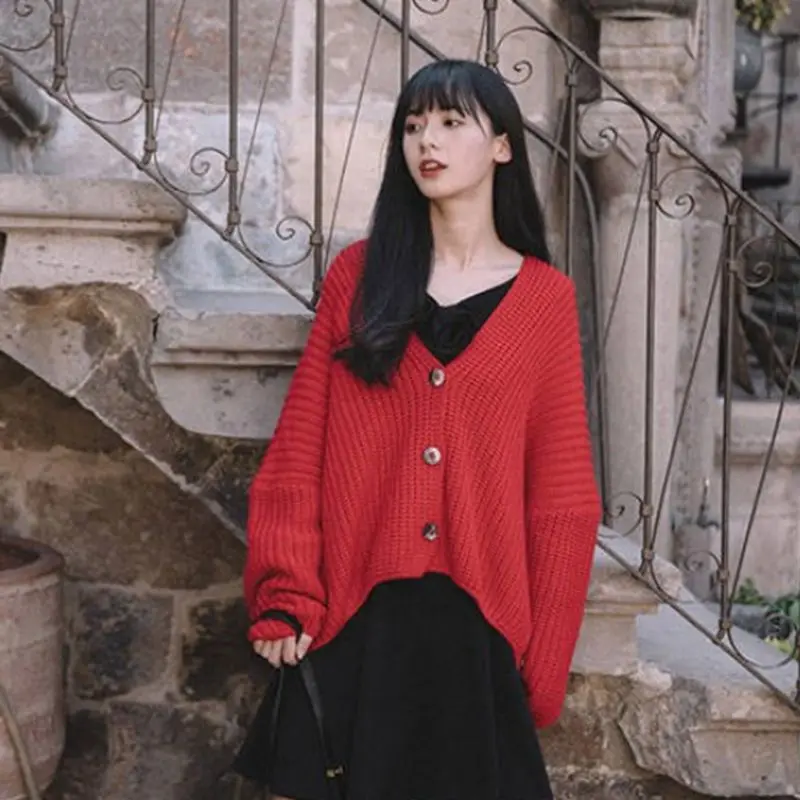 Women Casual Solid Color Sweater Korean Style Cardigan Vintage V Neck Bat Sleeve Button Loose Warm Knitwear |