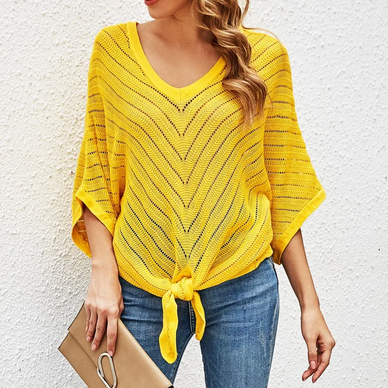 

Kili Women's Summer Lace-Up Thin Cutout Sweater V-Neck Five-Point Sleeve Loose Casual Tops