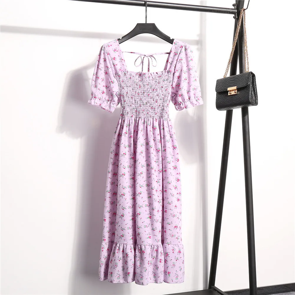 

2021 Summer Floral Print Dress Women Sweet French Square Collar Mid-calf Dresses Party White Short Sleeve Korean Dress Vestido