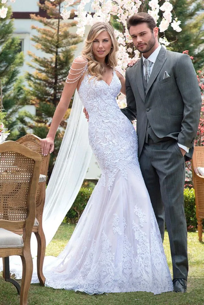 

Luxury Mermaid Lace Wedding Dress 2020 Robe de Mariee Romantic Pearls Straps Wedding Gowns Vestido de Noiva