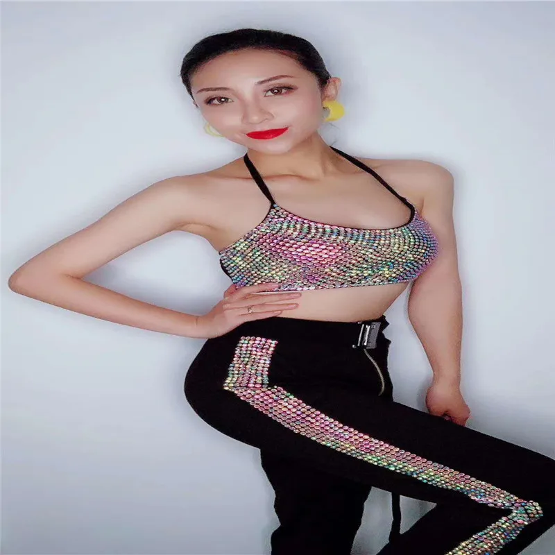 

W12 Ballroom dance stage costumes rhinestones wide legs jumpsuit singer performance crystal bra sexy outfit party wears clothe