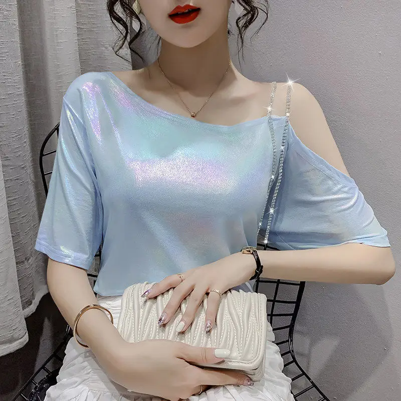 

2021 summer new style foreign style short sleeve T-shirt off shoulder with diamond loose inclined shoulder sexy top