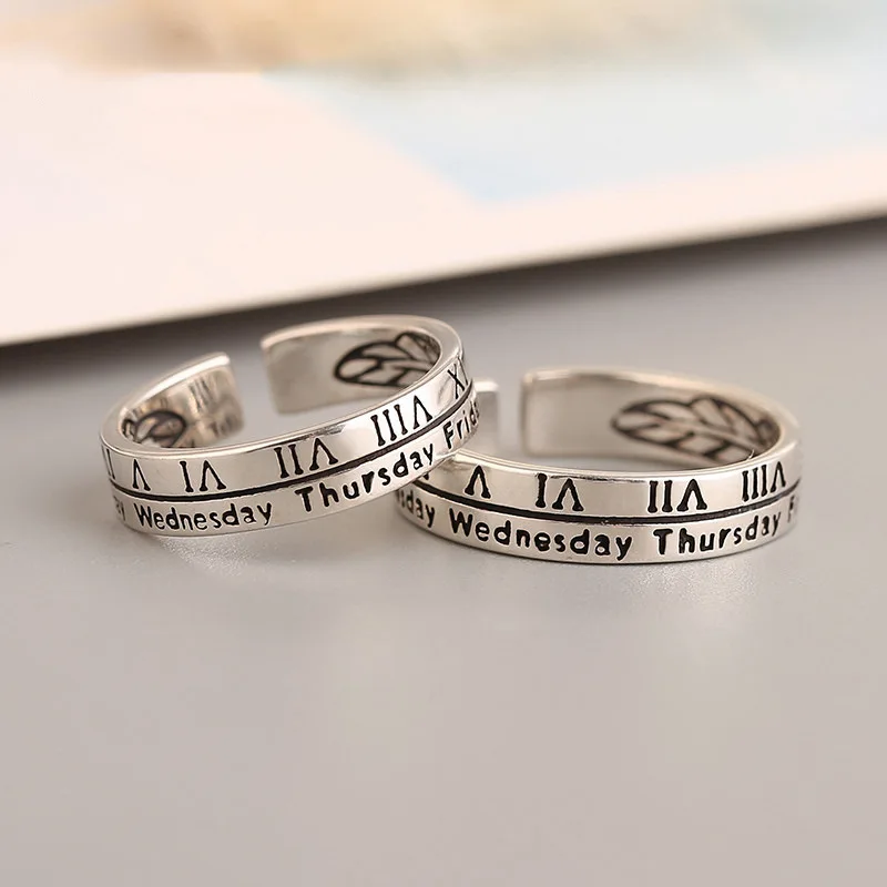 

Roman Number Letters Week 925 Silver Plated Couple Rings Vintage Leaf Lovers Brass Rings Party Daily Engagement Wedding Jewelry