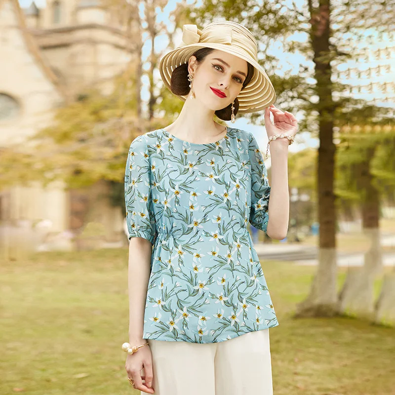 

SHZQ Round Neck Floral Silk Shirt Women's Middle Sleeve 2021 Summer New Fashion Thin Mulberry Silk Top