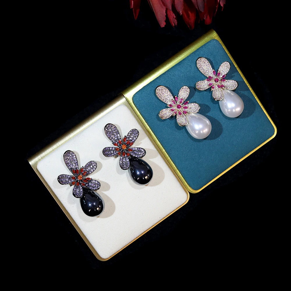 Серьги женские с черным жемчугом и розовым цветком фианитом E0049 | Украшения