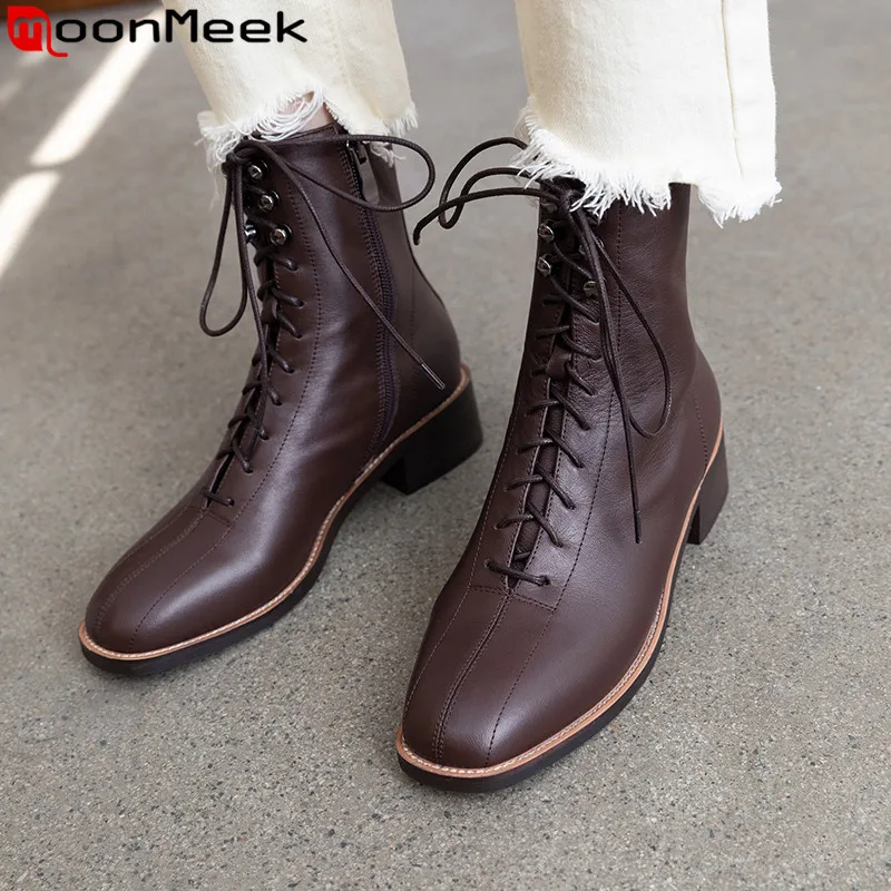 MoonMeek/Новинка 2020 года Ботинки из натуральной кожи Женские ботильоны на молнии с