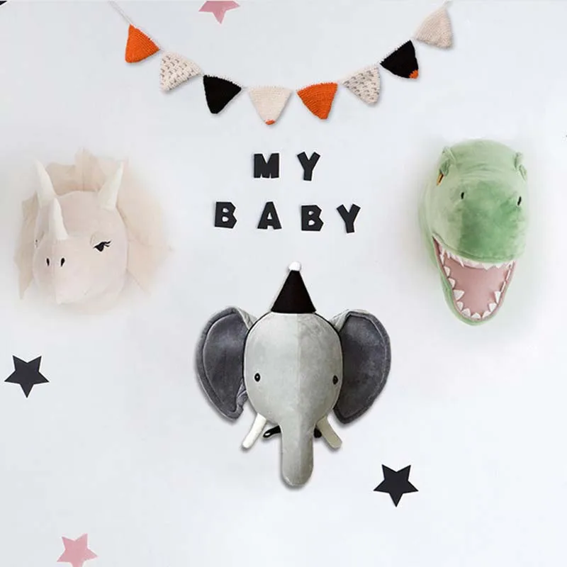 

Nordic Simulation Animal Head Wall Decor Children's Plush Stuffed Toys Dinosaur Elephant Unicorn Mural Decoration Baby Gift