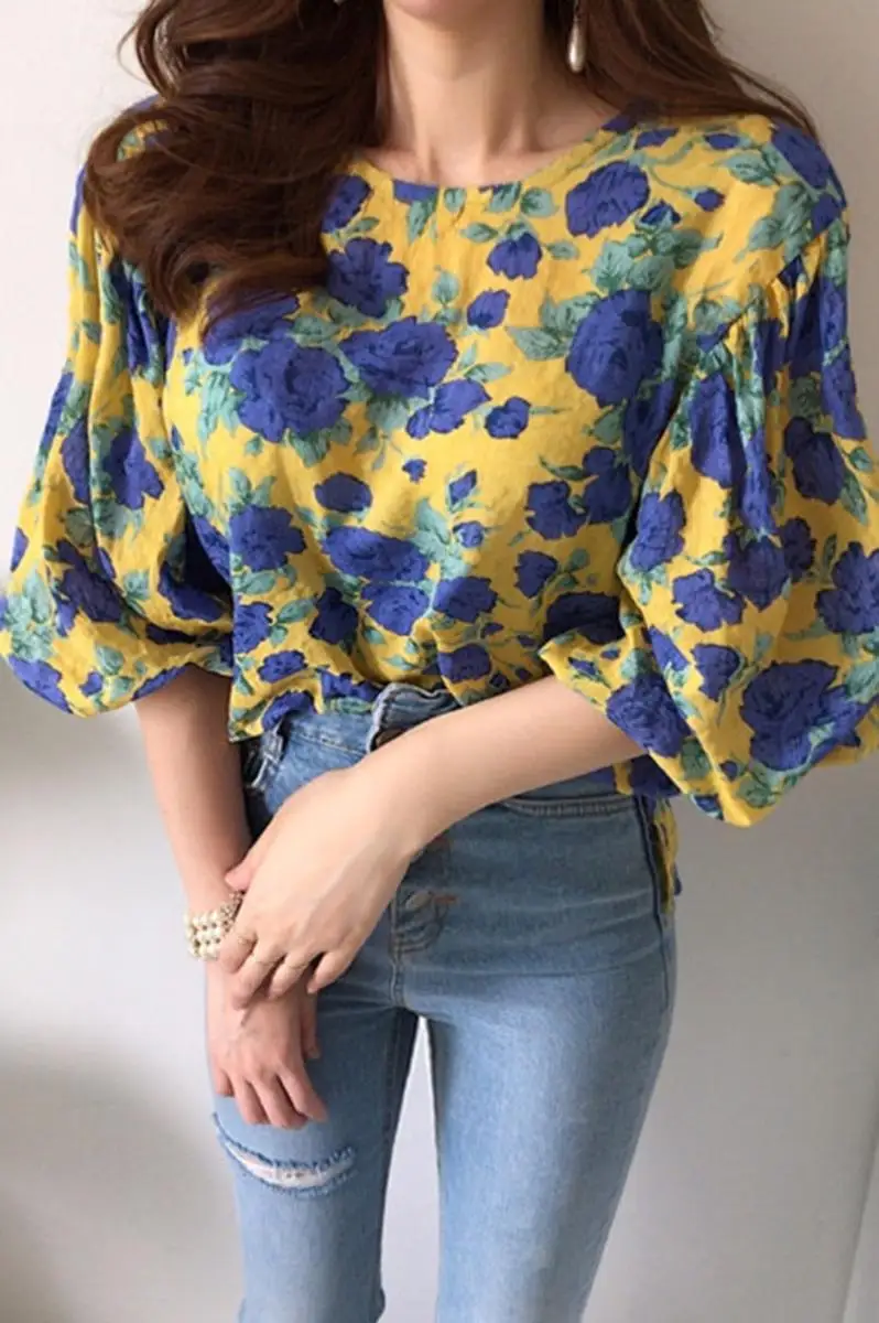 

Korean Style Women Spring Autumn Casual Loose Print Blouse Shirt Top Fashion Office Lady O-neck Puff Sleeve Tops Shirts