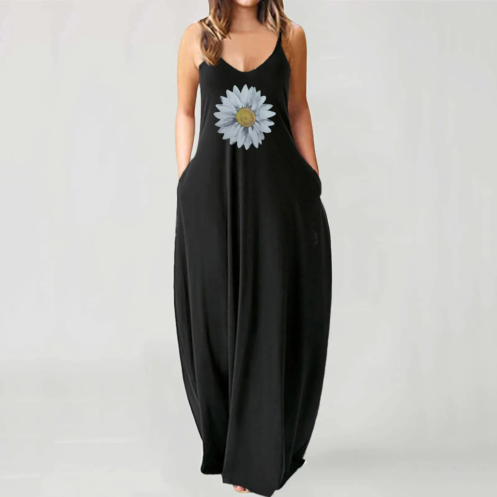 

Женское платье на бретелях без рукавов, с круглым вырезом и карманами, богемное длинное повседневное платье, размера плюс