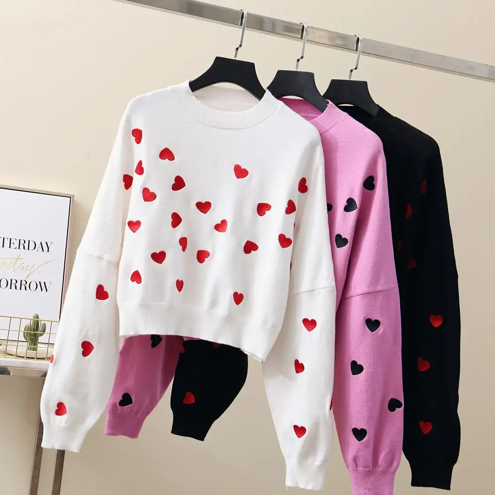 

Banulin pullover sweater knitted women winter 2020 autumn crew neck heart embroidery long puff sleeve knit Pollover Tops