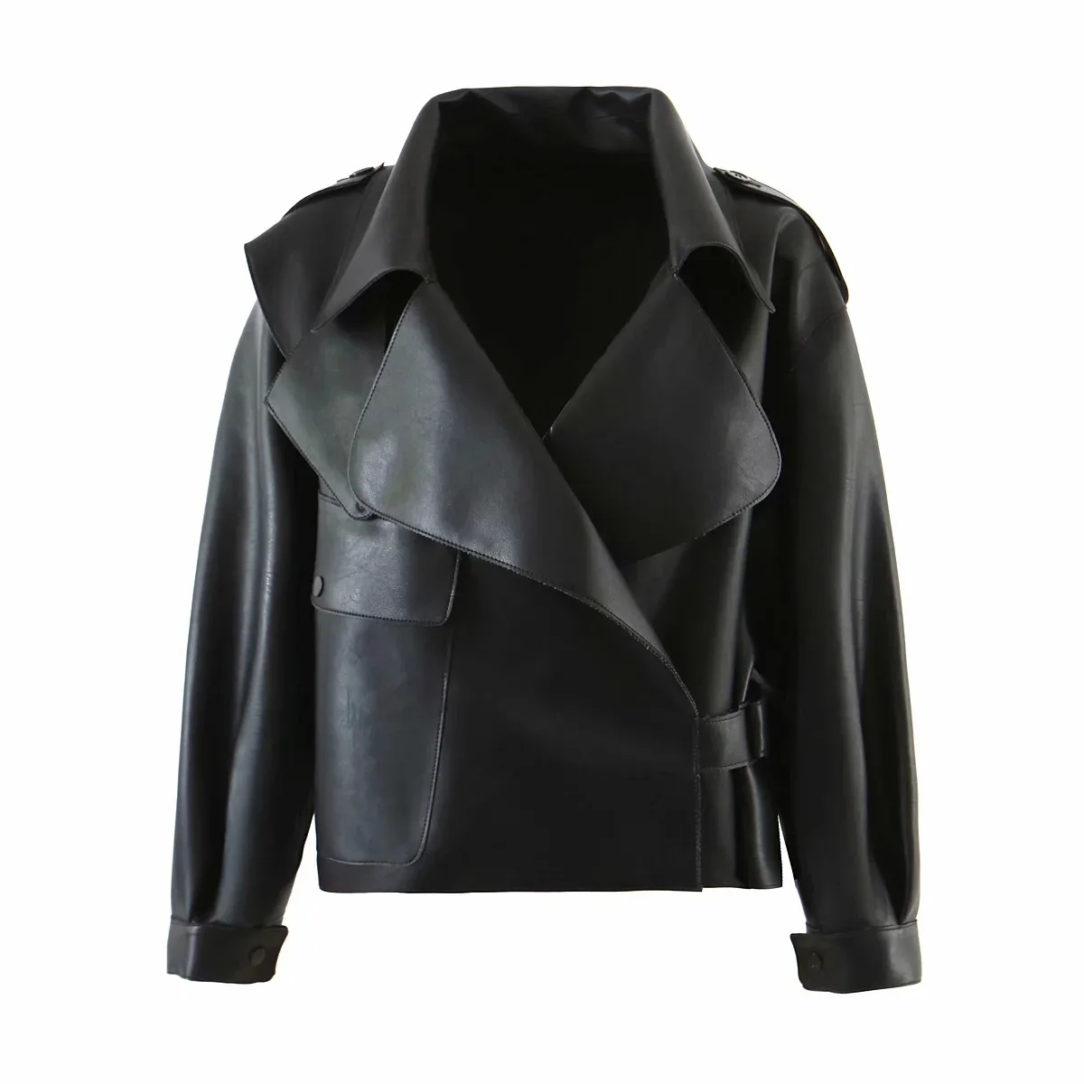 

Zoulv Fashion Autumn and Winter Classic British Ladies Lapel Leather Coat Dark Cool Loose PU Leather Profile Coat Jacket Jacket