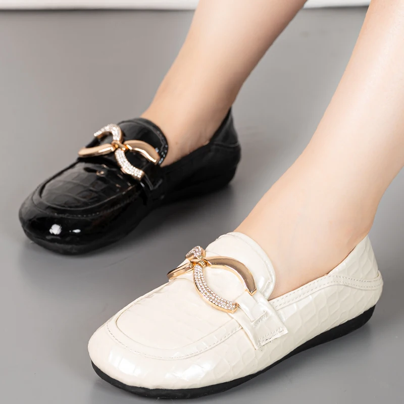

Women Shoes Handmade Gold Chain Flat Loafers Soft Bottom Patent leather Shoes Checkered Slip on Mullers Brand Ladies Shoes