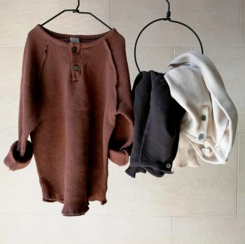 

2021 Ins Autumn Japanese and Korean Baby Cotton Knit Waffle T-shirt Long Sleeves Unisex Tops Kids Casual Bottom Tshirts Outfit
