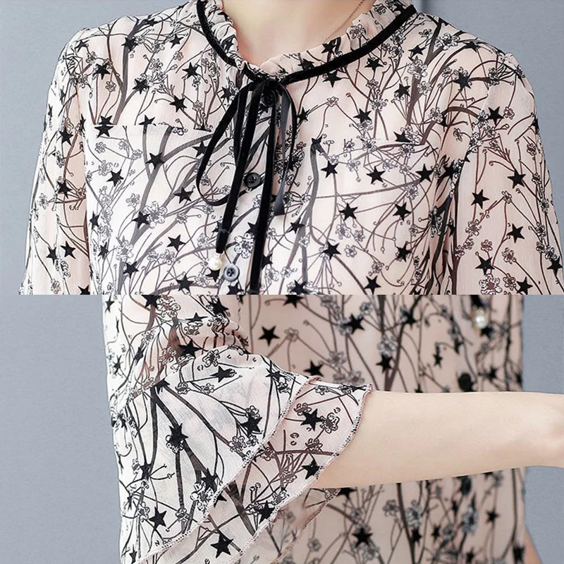 

Vangull Blouse Bow Womens Tops Blouses 2019 Autumn New Flare Sleeve Stand Collar Pullover Print Chic Shirts Boho Street Blouse