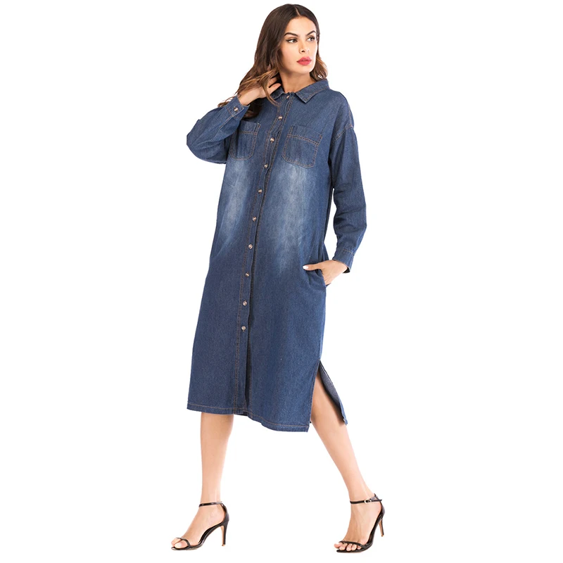 Мусульманская абайя однобортная с отворотом длинная бутик джинсовая рубашка