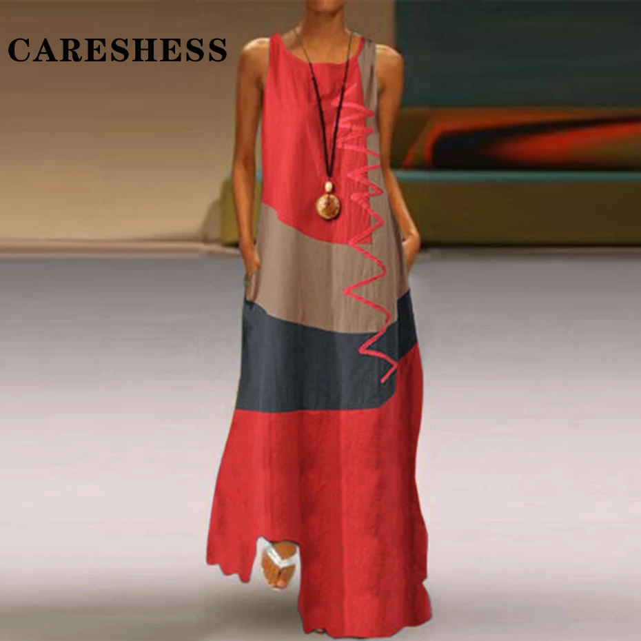 

CARESHESS Ladies Retro Style Dress Printed Summer Dress Large Size Women's Summer New Lace Stitching Printing Sleeveless Dress