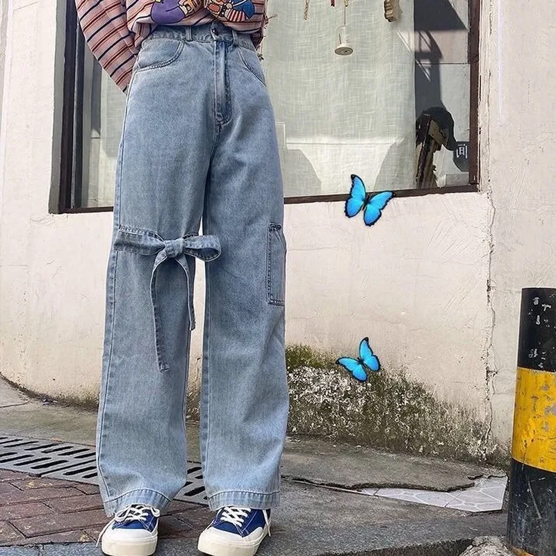 

Джинсы женские с высокой талией, винтажные милые синие джинсовые брюки с широкими штанинами и бантом, модная уличная одежда для студенток