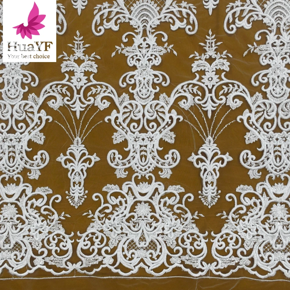 

High Density Pure White Net Emboridery With Sequins Bridal Wedding Tulle Lace Dress Fabric HY1433