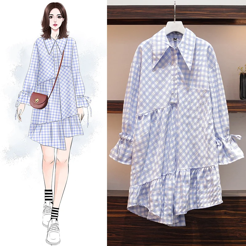 2020 весеннее платье с отложным воротником длинным рукавом в синюю и белую клетку