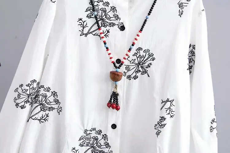 Женская хлопковая блузка с вышивкой и воротником стойкой повседневная