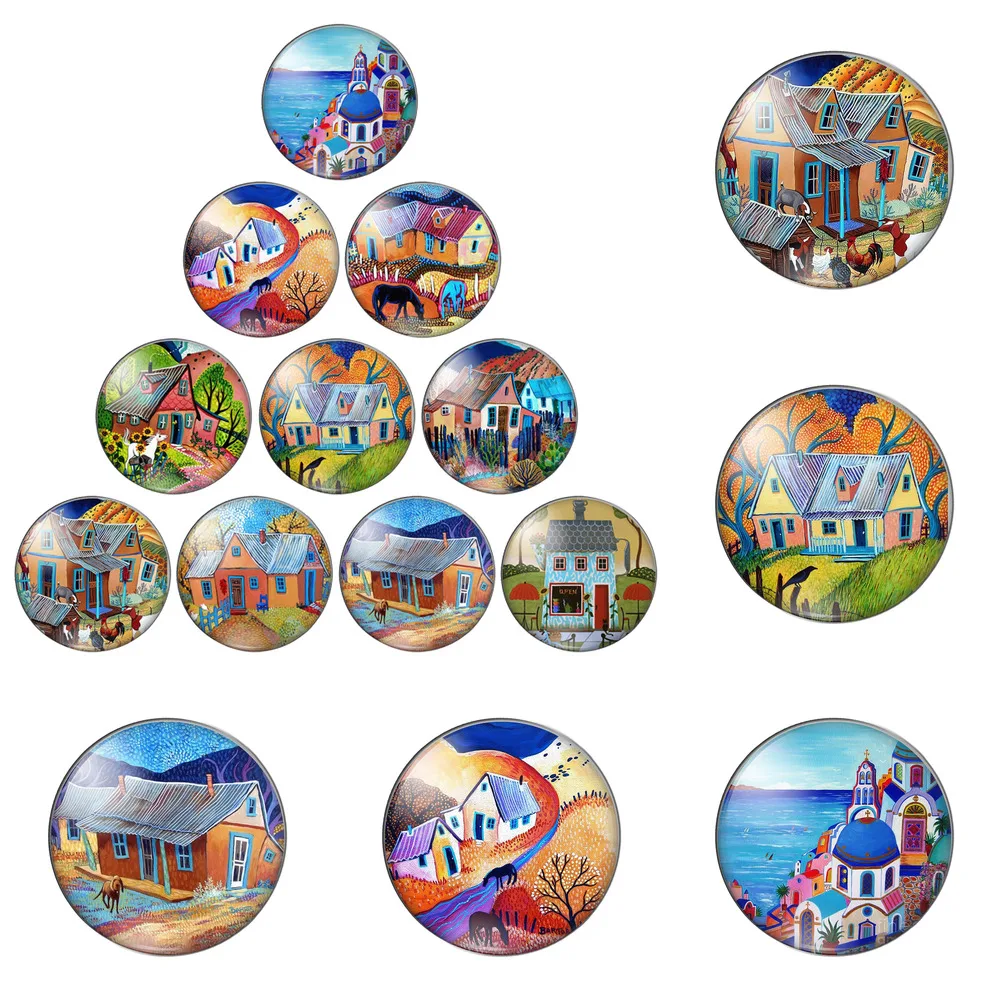 

12pcs/lot Hand-painted Country Life Wooden House 12mm/20mm/25mm/30mm Photo Glass Cabochon Demo Flat Back Making Findings