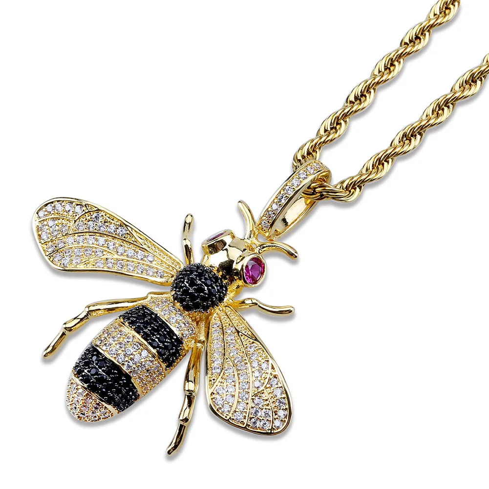 

Iced Out Bee Pendant Necklace Bling Zirconia Simulated Diamond Hip Hop Jewelry Men Women Gifts with Stainless Steel Rope Chain