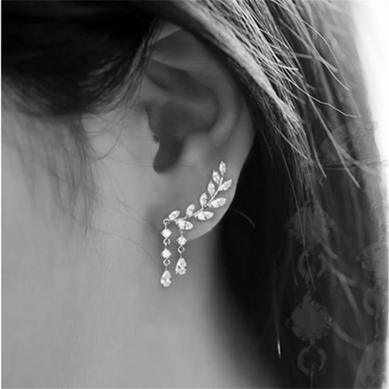 

Fashion Elegant Women Alloy Leaf Earrings Water Drop Tassel Pendant Rhinestone Decoration Casual Party Ear Stud Jewelry