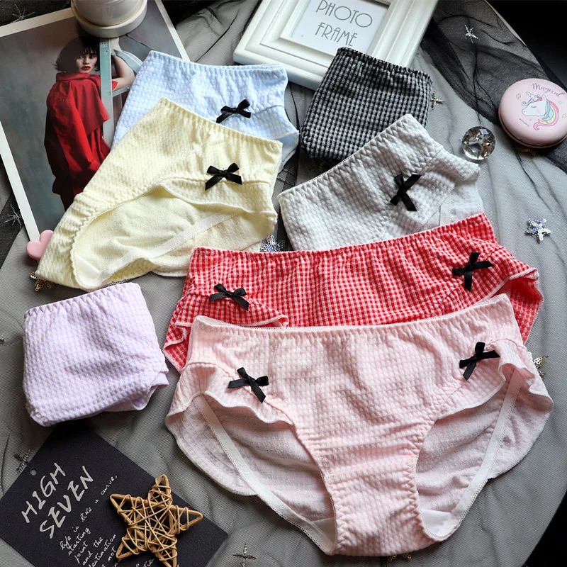 

Модные клетчатые трусики с принтом, сексуальное женское нижнее белье с низкой талией, Симпатичные женские трусики с бантом, Удобные Хлопковые женские трусы, нижнее белье
