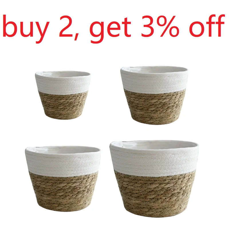 

2021 Nordic Handmade Straw Basket Laundry Picnic Toy Storage Macrame Woven Flower Pot Plant Container Home Decoration