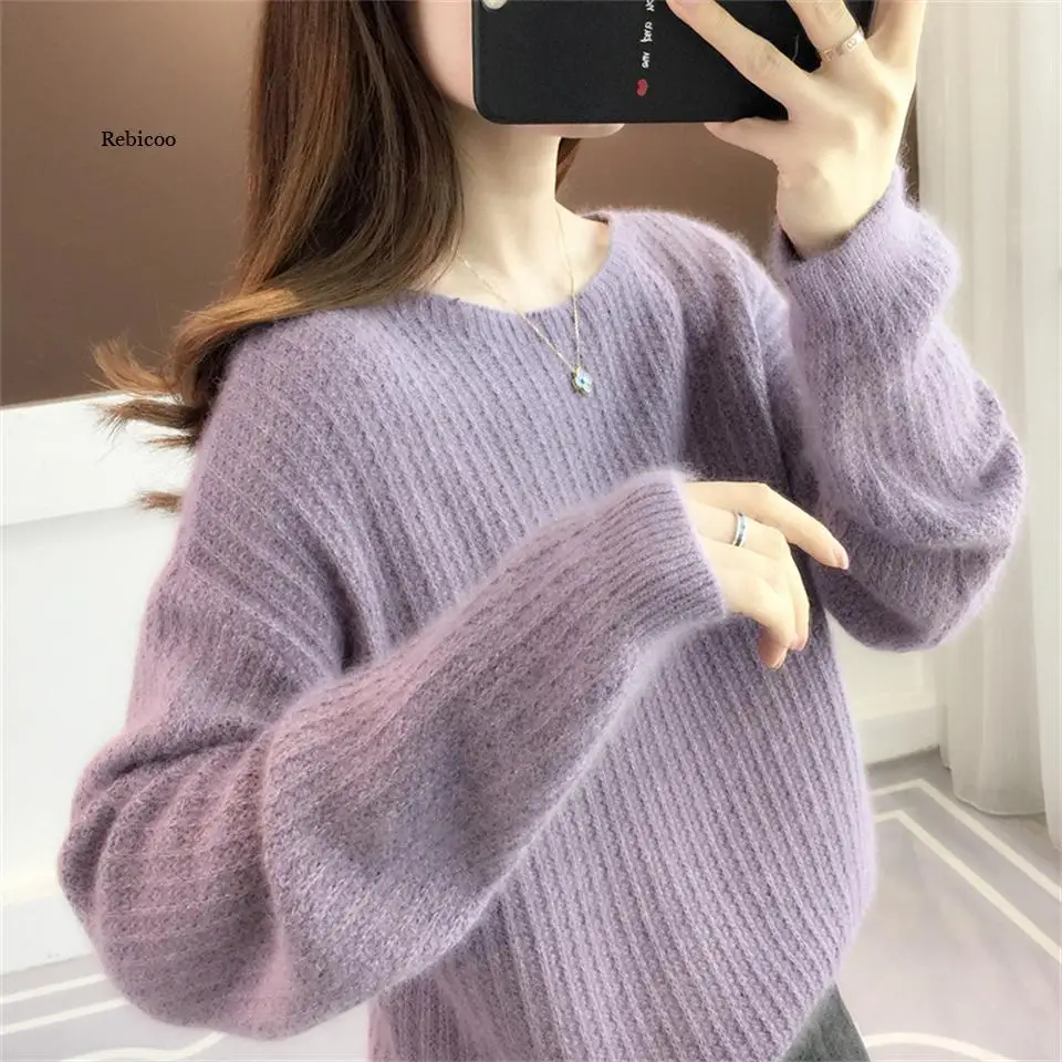 

Autumn Winter New Solid Knitted Sweater Women Fashion Casual Knit Pullovers Sweaters All-match Loose Pullovers Top