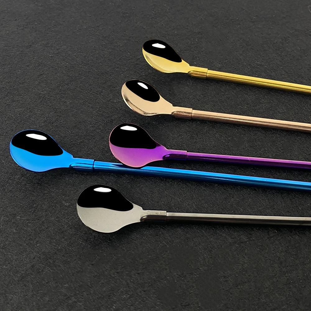 

Multicolor Stainless Steel Long Metal Drinking Straw Spoon 218mm Reusable Tea Coffee Bar Kitchen Party Drink Straws Accessories
