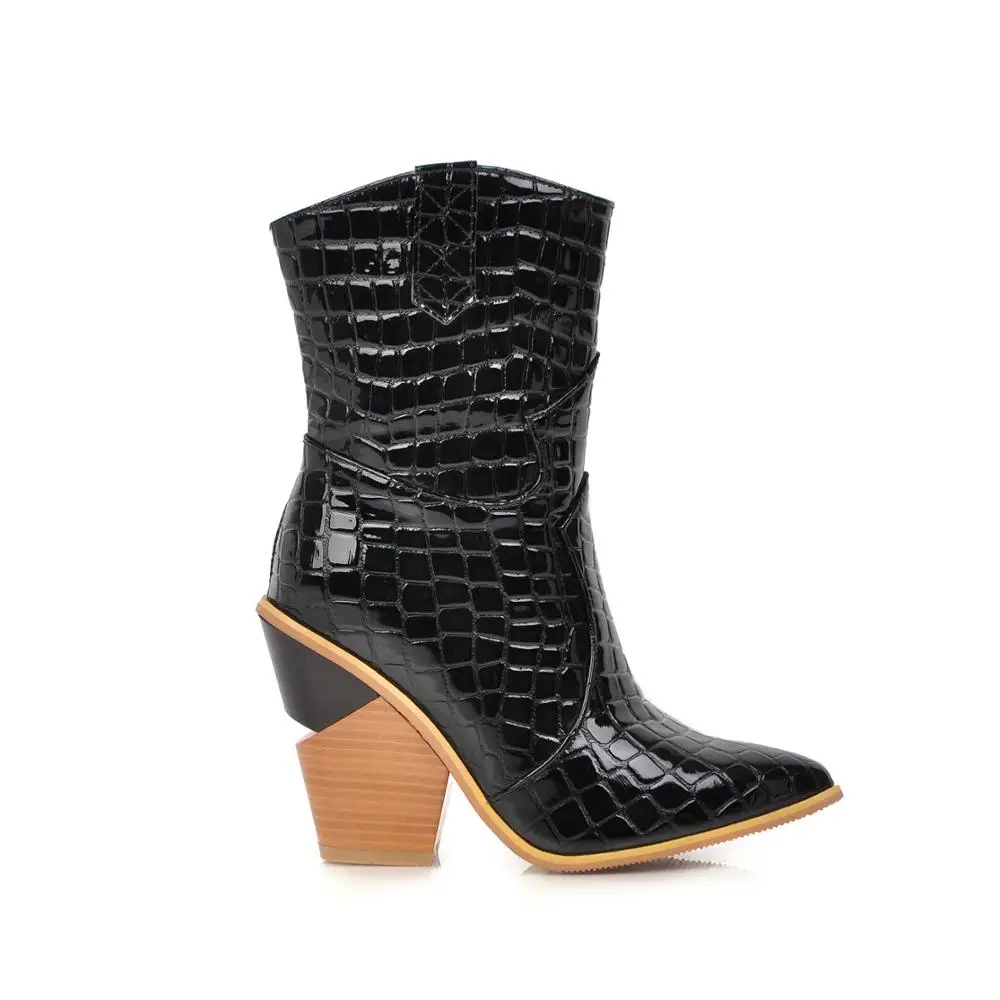 Модные тисненые женские кожаные ботильоны из микрофибры с острым носком