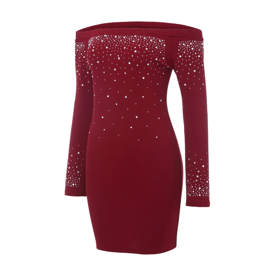 Сексуальное платье с открытыми плечами, вечерние платье Для женщин Bodycon осеннее платье с длинными рукавами ярких блестящее платье сплошной цвет Горячая Дрель платья Vestido Robe Femme - Цвет: Красный