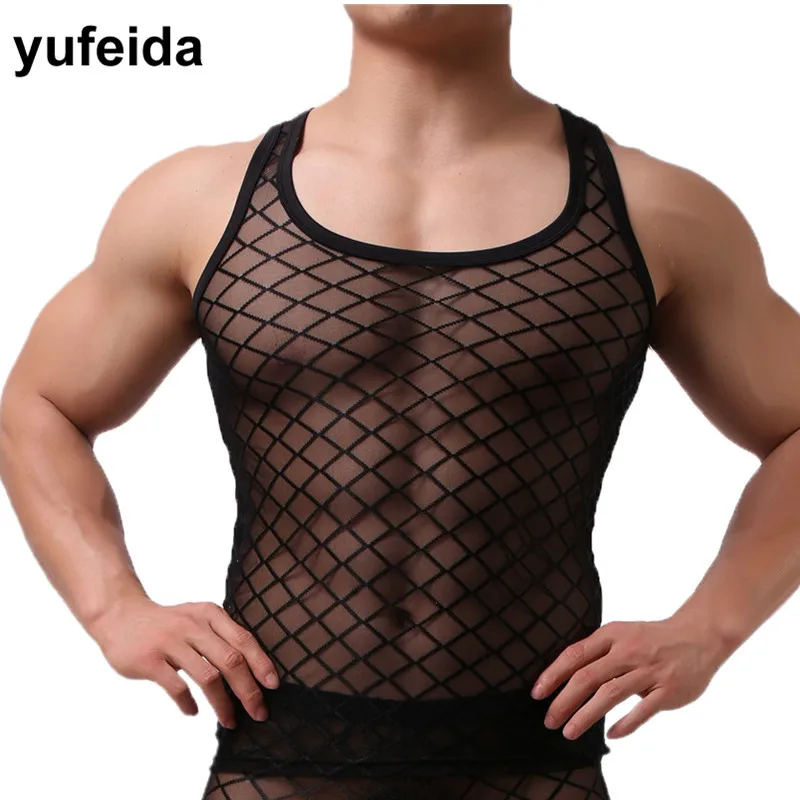 Нижнее белье для мужчин прозрачная сеточка дома безрукавка фитнеса повседневное