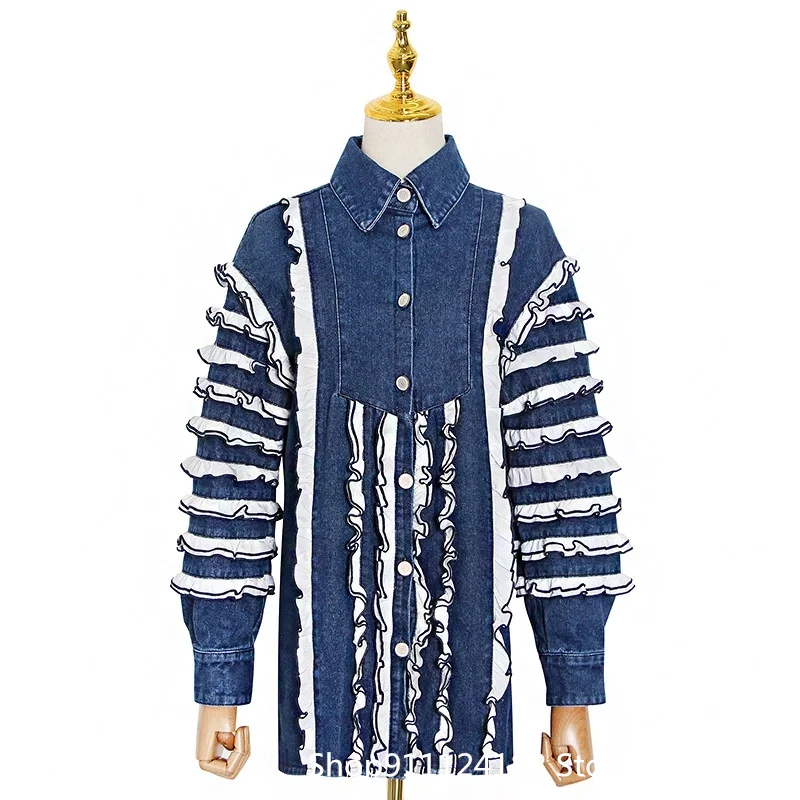 

European and American Autumn New Fashion Lapel Heavy Wood Ears Denim Stitching Contrast Color Lantern Sleeve Mid-Length Jacket