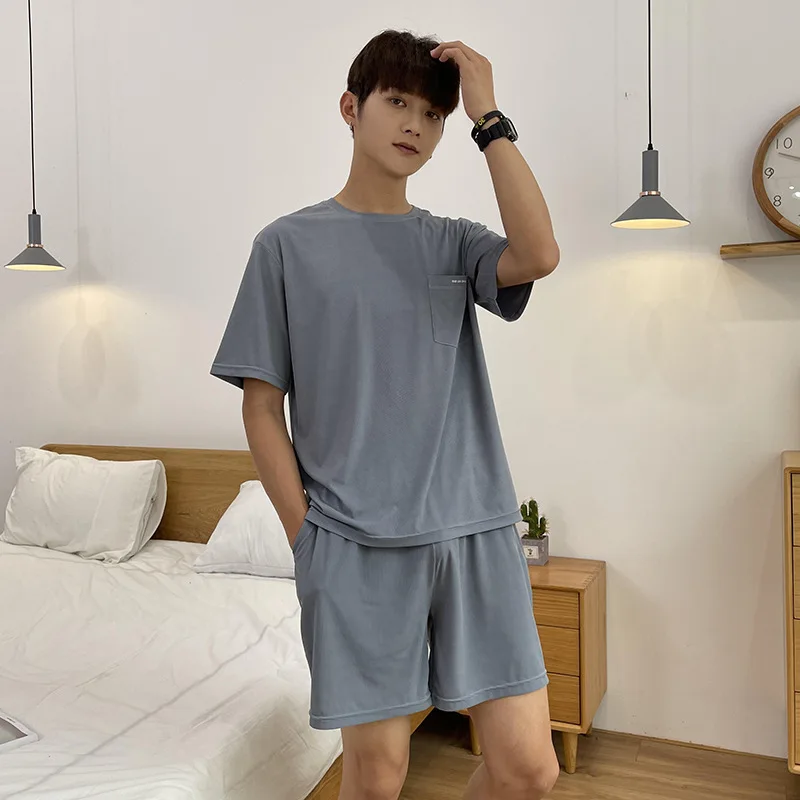 

YRRFUOT 2021 New Men's Pajamas Tracksuit Spring and Summer Ice Silk Ribbed Pajamas Suit Round Neck Casual Short-sleeved Shorts
